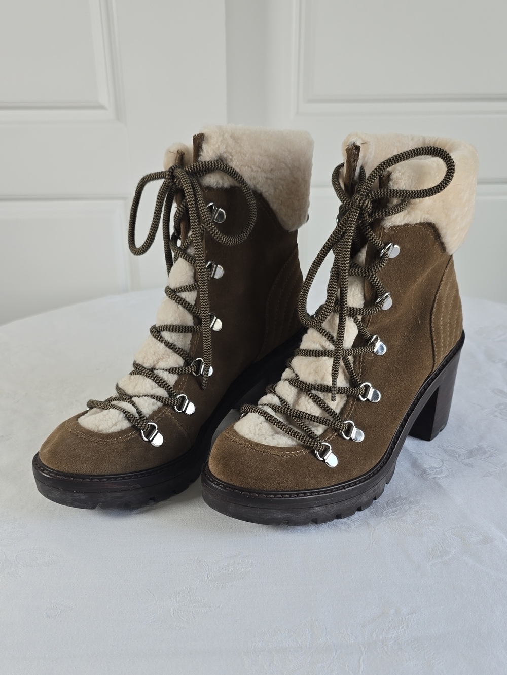 Marc Fisher Womens Brown Suede Lace-Up Shearling Ankle Boots Size 8